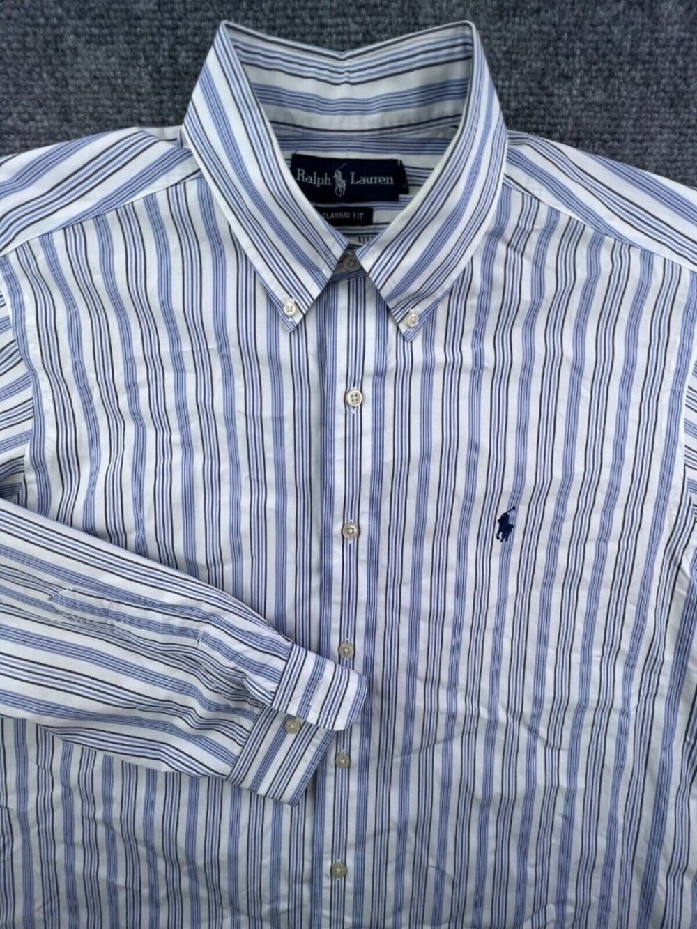 Ralph Lauren Button Up Shirt Classic Fit 16 34/35 Striped Blue White Long Sleeve
